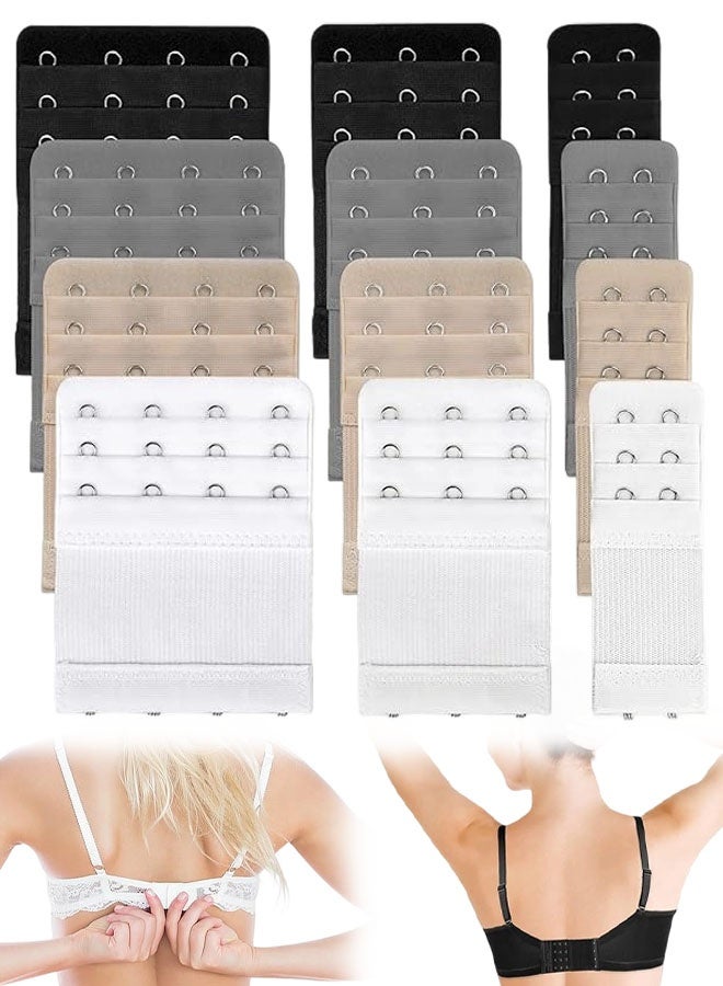 12 PCS Bra Extenders, 4 / 3 / 2 Hooks Black White Beige Grey Strap Clips For Women - Image 1